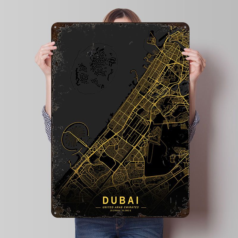 Home Decor Dubai - Altın Dubai Şehir Haritası Metal Poster