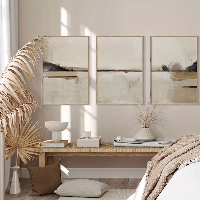 Home Decor Japandi - 3'lü Set Nötr Soyut Geometrik Kanvas