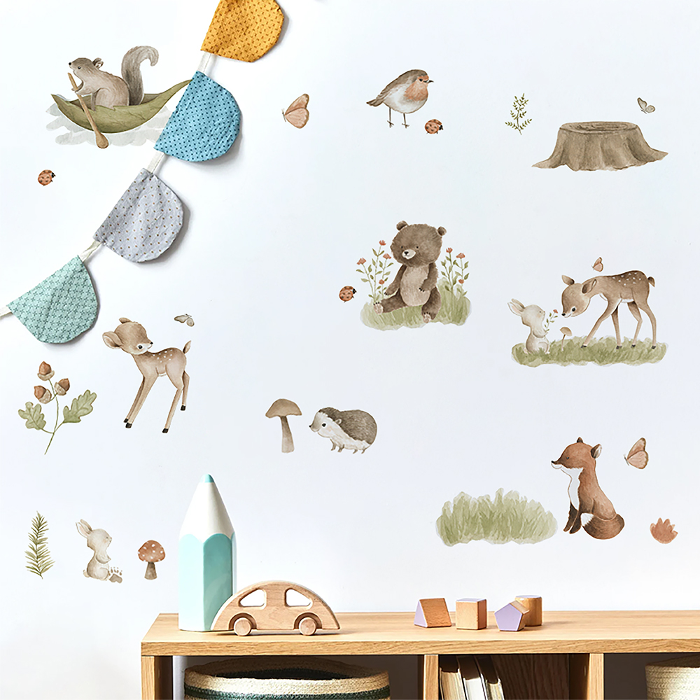 Home Decor Vinyl Flooring - İskandinav orman karikatür duvar çıkartmaları hayvanlar