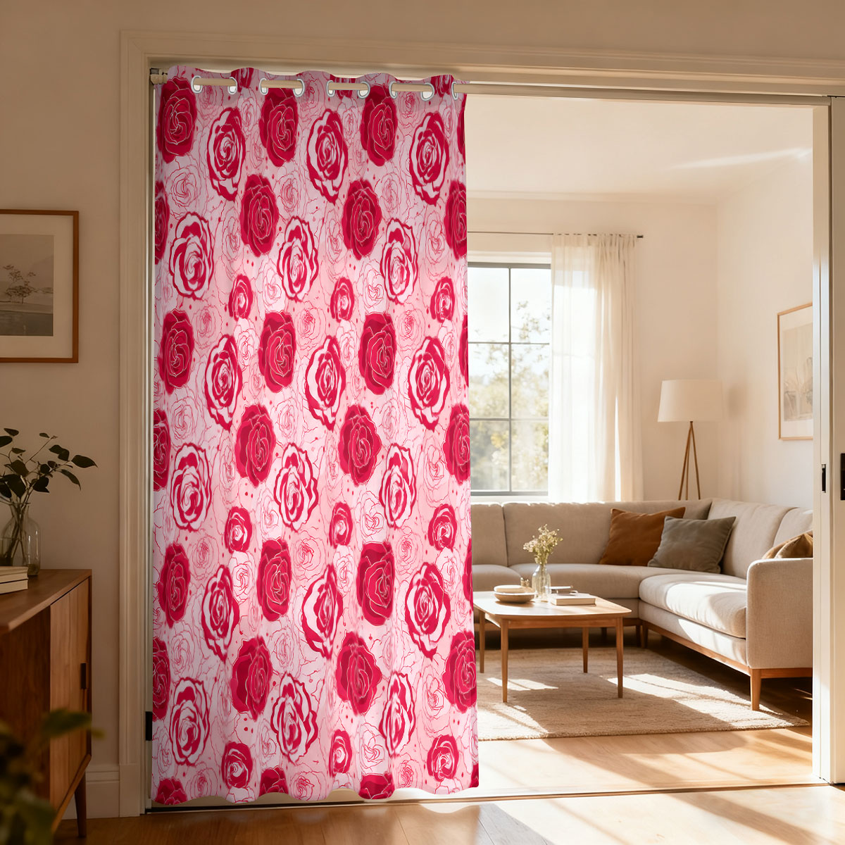 Home Decor Curtains - 1 adet Açık Yeşil Taban Pembe