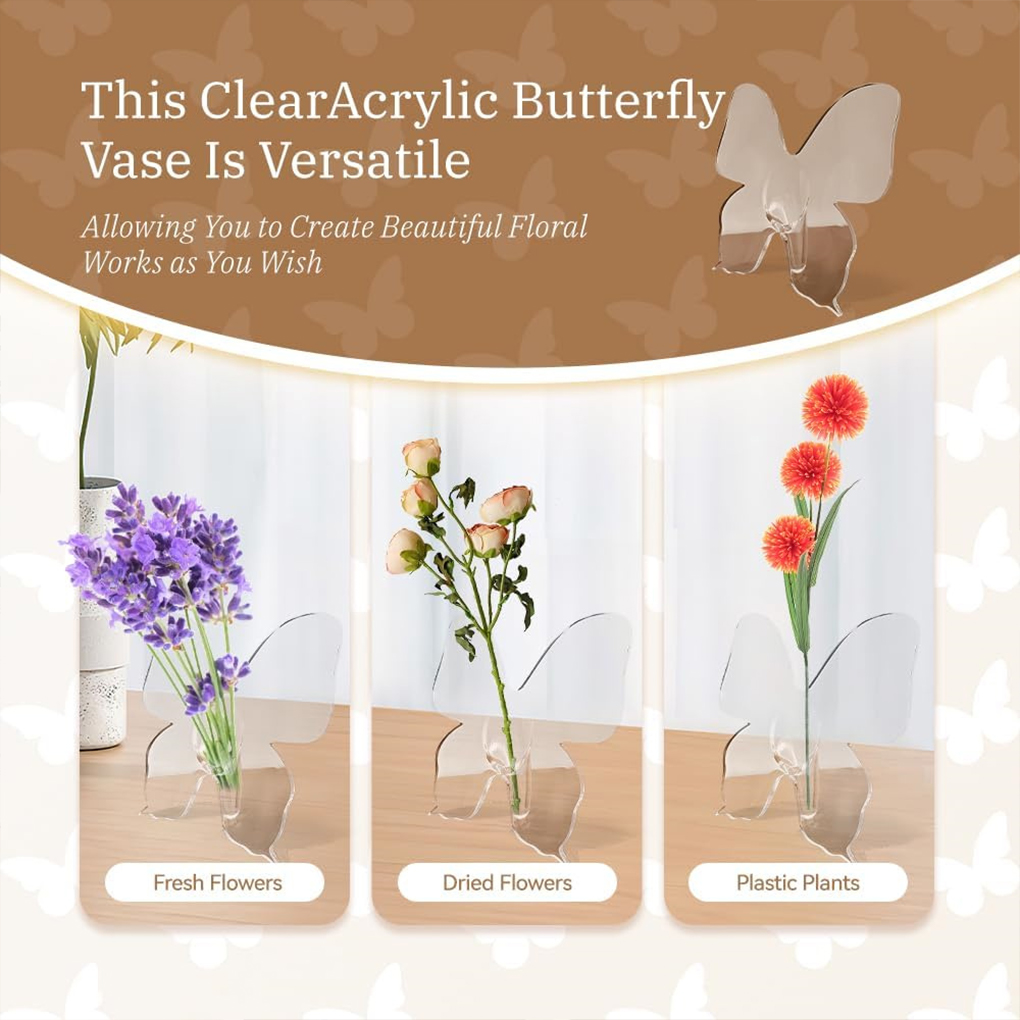 Home Decor Vase - Şeffaf Kelebek Akrilik Çiçek Vazo Üç