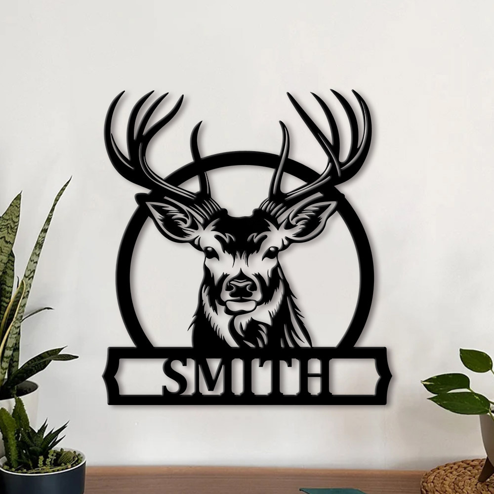 Home Decor Rustic - Kişiselleştirilmiş Geyik Aile Adı Metal Tabela